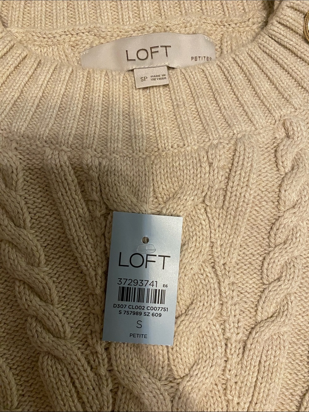 NWT LOFT Light Tan Cable Knit Sleeveless Sweater Vest with Gold Shoulder Buttons - Picture 5 of 5